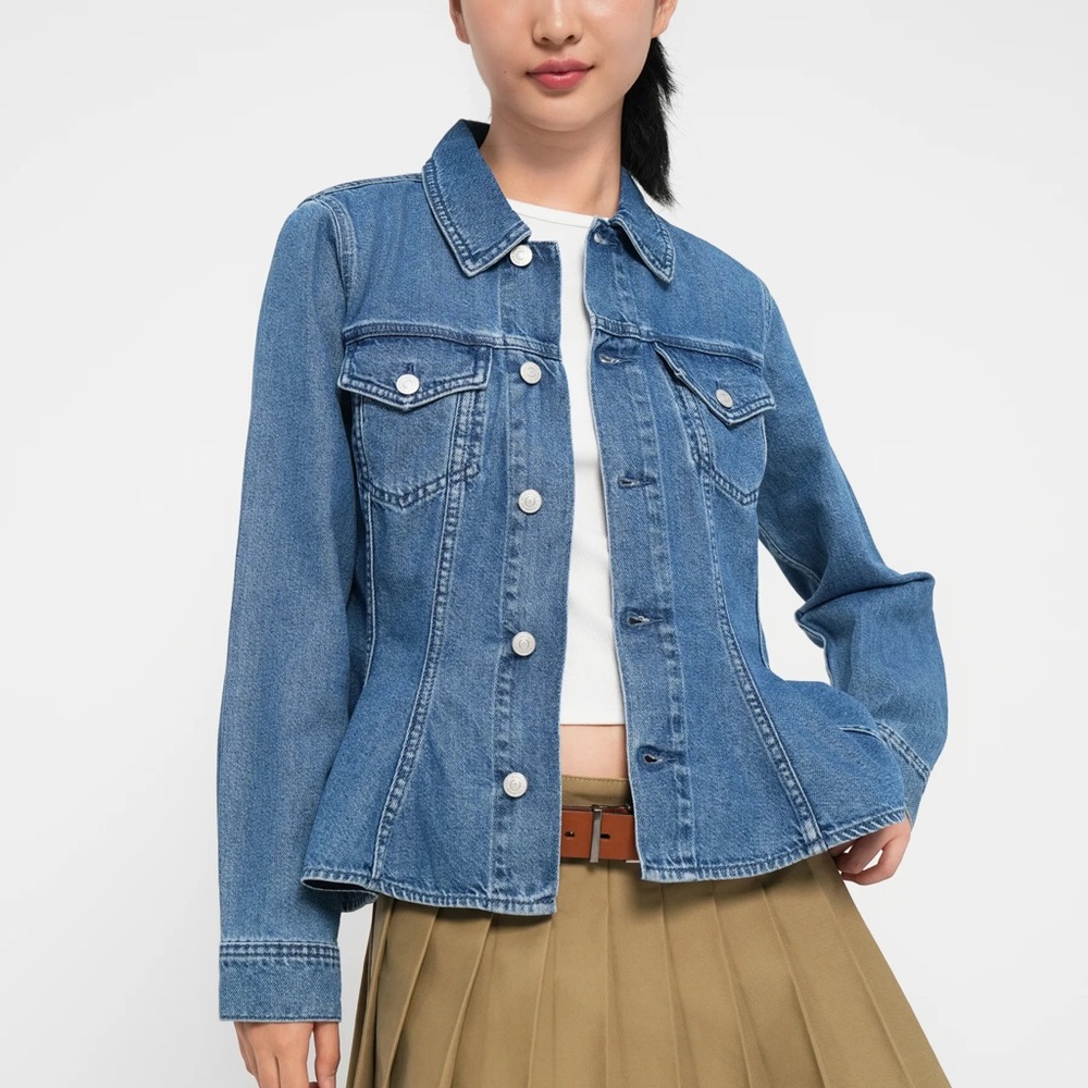 7 For All Mankind Blue FLOUNCE TRUCKER Jacket.  Denim Peplum-Style Jacket